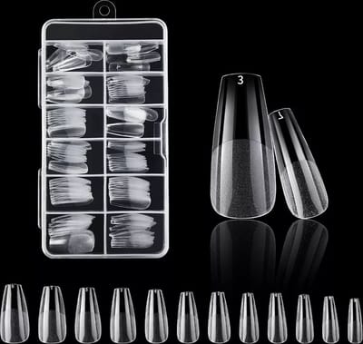 Nifkos 102 - Ballerina Coffin Medium Half Frosted - Full Cover - Nageltips - Nepnagels - Plaknagels - In Assortimentsbox - 120 stuks 12 maten - Voor Gellak Acrylnagellak en PolyGel nagels - Nifkos Frosted Tips Line