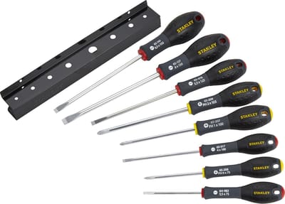 Stanley 8-Delige FatMax Schroevendraaierset Parallel 3.5 X 75mm. 5.5 X 125mm Standaard 4 X 100mm. 6.5 X 150mm. 8 X 150mm Phillips Ph0 X 75mm. Ph1 X 100mm. Ph2 X 125mm