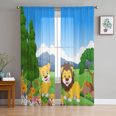 Grappige Leeuw Cartoon In De Jungle Tule Gordijnen Voor Woonkamer Keuken Raam Gordijnen Huisdecoratie Transparant Gordijn Voor Kinder Slaapkamer 135W x 114H(cm) blue