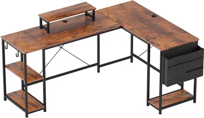 Bureaus - 168x120 cm - L-Vorm Hoekbureau - Met Opbergruimte, Omkeerbaar, Monitorstandaard - MDF - Rustiek Bruin