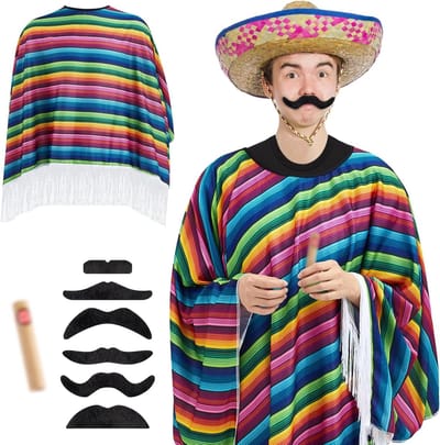 Carnaval Mexicaans Kostuum Set met Kleurrijke Serape Poncho, Cowboy Snor en Neppijp voor Volwassenen, Unisex One Size