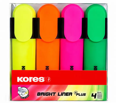 Kores Bright Liner Plus Neon Markeerstiften Set van 4 Kleuren - Voordeelverpakking van 2 Etuis - Fluorescerende Textmarkers met Wigvormige Punt en Ergonomische Greep - Schoolbenodigdheden