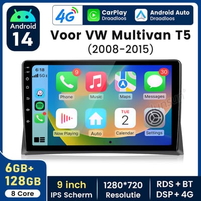 Hexinex Octa-Core autoradio Geschikt voor VW Multivan T5 2008-2015 - Draadloos CarPlay, Android Auto, multimediaspeler, 6GB+128GB