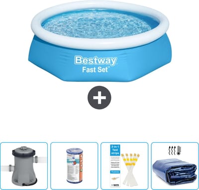 Bestway Rond Opblaasbaar Fast Set Zwembad - 244 x 61 cm - Blauw - Inclusief Pomp Filter - Testrips - Solarzeil