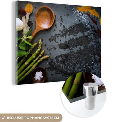 MuchoWow® Glasschilderij 120x90 cm - Schilderij acrylglas - Kruiden - Pollepel - Keuken - Foto op glas - Schilderijen