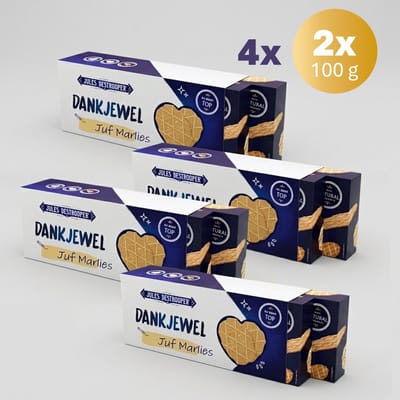 Jules Destrooper Koekjes in cadeauverpakking om iemand te bedanken – 4 sets van 2x100g met personaliseerbare ‘dankjewel’ hoes – een passend bedankingsgeschenk om iemand te verrassen