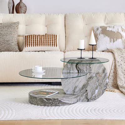 MODFU Salontafel - Tweelaags - Modern - Voor Woonkamer - MDF En Glas - Grijs En Transparant