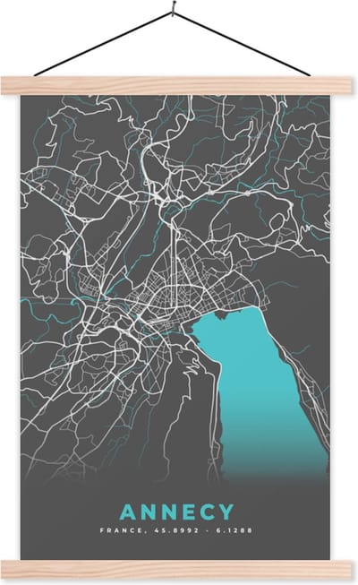 Posterhanger incl. Poster 40x60 cm - Schoolplaat - Annecy - Frankrijk - Plattegrond - Stadskaart - Kaart - Textielposter - Blanke latten - Stadskaart
