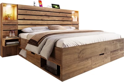 Wishdor Tweepersoonsbed 160 x 200 cm – Touch-LED-Spots en USB-C – Zwevende Nachtkastjes – 3 Stille Lades en 4 Open Vakken – Warme Eikenlook – Verzonken Matrasconstructie – Geschikt voor Design-Slaapkamer – MDF en Metaal