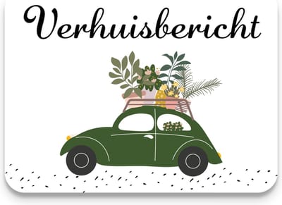 Studio Juulz - Verhuiskaart 25 x GROENE KEVER AUTO MET PLANTJES | Volkswagen Kever auto | Verhuiskaarten |Verhuizen | Adreswijziging | Verhuisbericht | Nieuw huis | Samenwonen | Lief | Modern | Huisje | A6 | groen