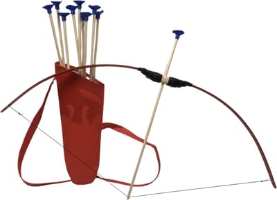 Houten PIJL EN BOOG 100cm. Uitrusting met rug koker rood voor pijlen ( 10 pijlen )