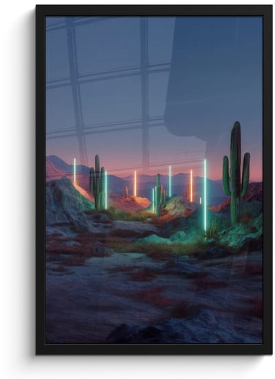 Poster in lijst - Fotolijst 40x60 cm - Posters - Cactus - Lichtzuilen - Zonsondergang - Posterlijst zwart - Decoratie - Wanddecoratie woonkamer - Muurdecoratie slaapkamer