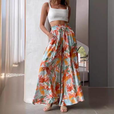 Dames Casual Broek Losse Wijde Pijpen Broek Zachte Elastische Taille Print Hoge Taille Broek Geplisseerd Vakantie Strand Broek XXL veelkleurig