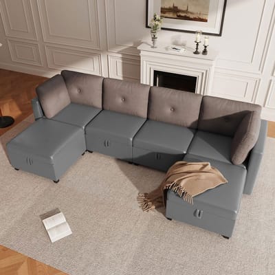 BLACKCOLORS Modulaire U-vormige bank met 6 modules en opbergruimte – Multifunctionele hoekbank voor de woonkamer, om te vormen tot L-vormige bank/ligbed/losse fauteuil, fluweel + ribfluweel in contrasterend design, schuim met hoge dichtheid