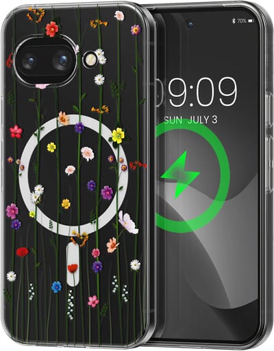kwmobile Kristalheldere hardcase compatibel met Google Pixel 9a Hoesje – compatibel met MagSafe – Acryl hoesje met TPU-rand – Wilde Bloemen Stengels design