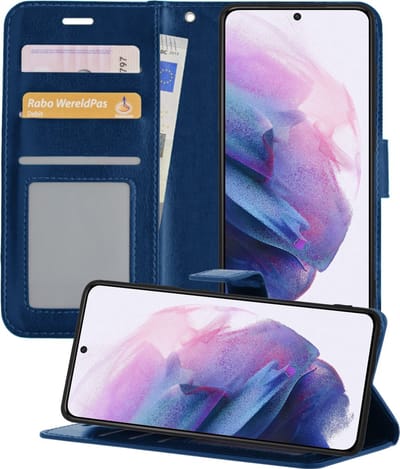 Hoesje - Met Pasjeshouder - Geschikt voor Samsung Galaxy S21 - Luxe Bookcase Portemonee - Flip Case - Kunstleer Book Case - Flipcase - Book Cover - Walletcase - Portemonneehoes - Telefoonhoesjes - Donkerblauw