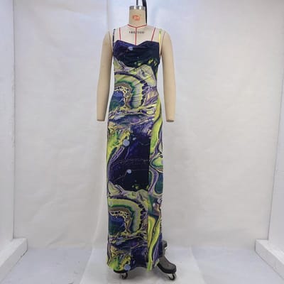 Stijl Dames Zomer Nieuw Bedrukt Slim Fit Split Rugloos Bandjes Sling Jurk L gray
