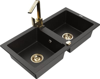 Mexen Mario granieten spoelbak met 2 kamers en keukenmengkraan Rita, zwart/goud metallic - 6504-75-670300-50
