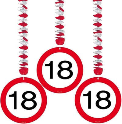 18 jaar verjaardag versiering rotorspiralen plafond - verkeersborden - 6x stuks - feestartikelen - papier