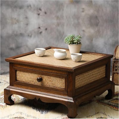 Japanse Vloertafel - Lage Salontafel - Woonkamer Decoratie - Massief Hout Rotan - 50x50x30 cm - Bruin