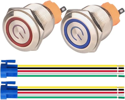 2 stuks Vergrendelende Drukknop Schakelaars Set met LED Verlichting Blauw en Rood - Waterdicht RVS 22mm