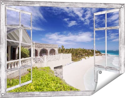 Gards Tuinposter Doorkijk Het Strandhuis - 90x60 cm - Tuindoek - Tuindecoratie - Wanddecoratie buiten - Tuinschilderij