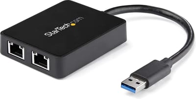 StarTech.com USB32000SPT USB 3.0 to Dual Port Gigabit Ethernet Adapter w/ USB Port 10/100/1000 Mbps USB Gigabit LAN Network NIC Adapter