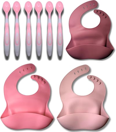 JGR – Set Baby Oefenlepels met Slabbetjes – Set van 6 - Zachte Siliconen Baby Lepels - BPA-vrij Peuter Bestek - Veilige Baby Voedingslepels - Ideaal voor Eerste Hapjes & Zelfstandig Eten