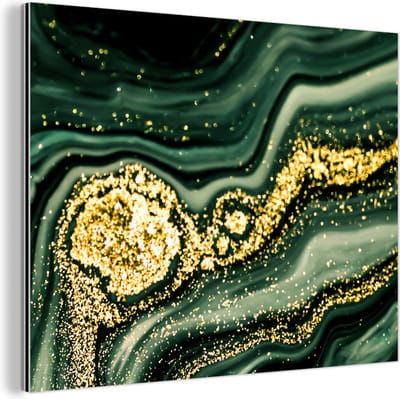 Wanddecoratie Metaal - Aluminium Schilderij Industrieel - Marmer - Goud - Glitter - Groen - Marmerlook - Luxe - 80x60 cm - Dibond - Foto op aluminium - Industriële muurdecoratie - Voor de woonkamer/slaapkamer