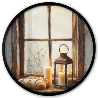 Poster in lijst Rond - Fotolijst 40x40 cm - Posters - Stilleven - Rustiek - Kaarsen - Broden - Raam - Ronde posterlijst zwart - Decoratie - Wanddecoratie woonkamer - Muurdecoratie slaapkamer