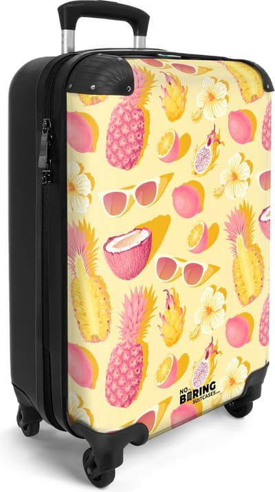 NoBoringSuitcases.com® - Handbagage koffer lichtgewicht - Reiskoffer trolley cabine - Roze geel patroon van bloemen en tropisch fruit - Travel luggage suitcase - Vakantie valiezen volwassenen - Rolkoffer op wieltjes - Past binnen 55x40x20 en 55x35x25
