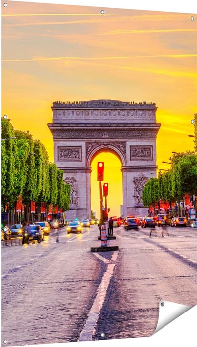 Gards Tuinposter Arc de Triomphe in Parijs vanaf de Straat - 100x150 cm - Tuindoek - Tuindecoratie - Wanddecoratie buiten - Tuinschilderij