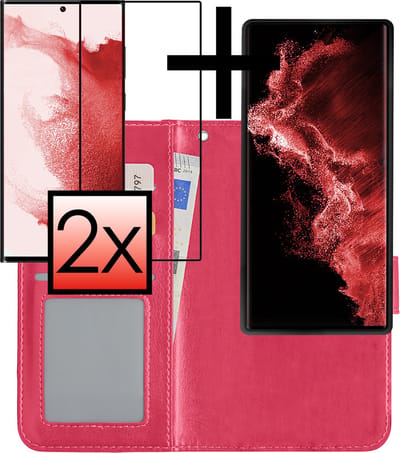 Hoesje - 2 in 1 - Geschikt voor Samsung Galaxy S22 Ultra - Met 2x Screenprotector - En Uitneembare Hard Cover - Bookcase - Wallet Case - Met Pasjeshouder - Book Case - Uitneembaar - Pashouder - Kunstleer - Donkerroze