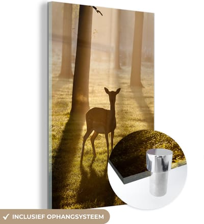 MuchoWow® Glasschilderij 120x180 cm - Schilderij acrylglas - Hert - Bos - Zon - Foto op glas - Schilderijen