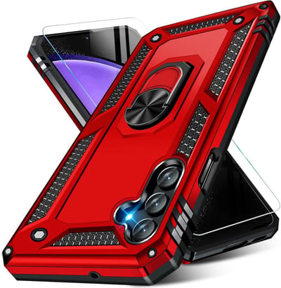 Casemania Hoesje Geschikt voor Samsung Galaxy S23 FE Rood & Glazen Screenprotector - Anti-Shock Hybrid Armor Back Cover - Hoes met Kickstand Ring