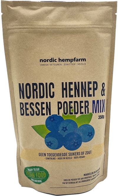 Hennep & Wilde Bessen Eiwitpoeder Blauw 350g - Nordic Hemp Farm - Hennep poeder, zwarte appelbessen, zwarte bessen en blauwe bosbessen - Eiwitrijke - Hoog in Vezels - 100% Vegan - Gluten vrij