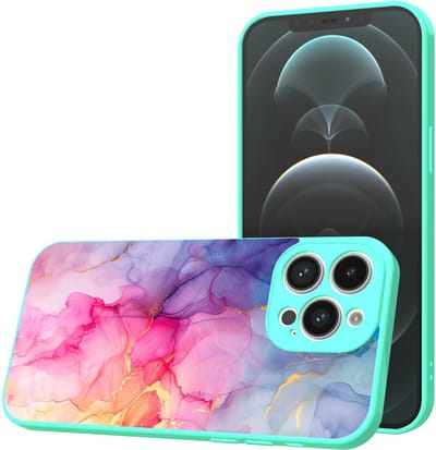 Smartphonica Telefoonhoesje Geschikt voor iPhone 12 Pro Max met Regenboog Marmer opdruk - TPU Back Cover Case Rainbow Marble Design - Turquoise geschikt voor iPhone 12 Pro Max