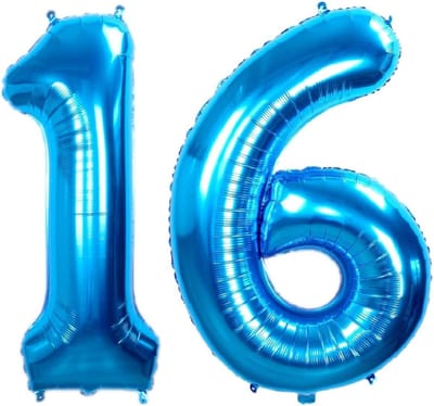 Folie Ballon Cijfer 16 Jaar Blauw 70Cm Verjaardag Folieballon Met Rietje