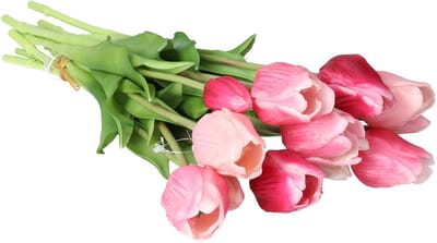 Bellatio Design Kunst tulpen boeket Sally - 7x stuks - roze - real touch - 47 cm