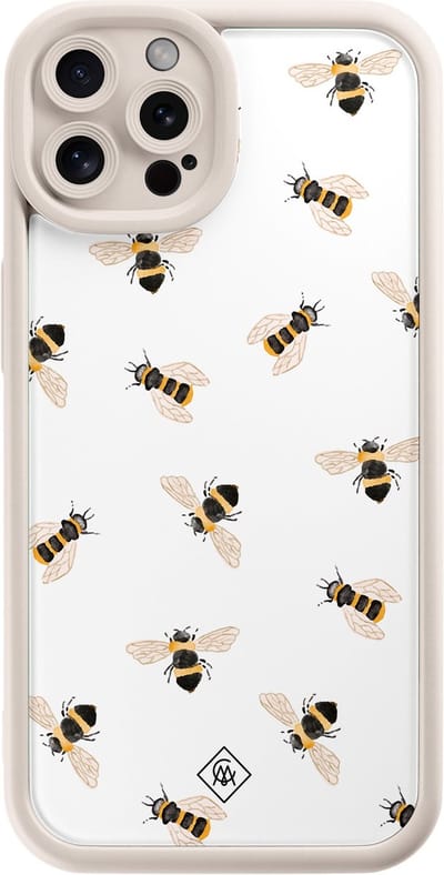 Casimoda® hoesje - Geschikt voor iPhone 12 Pro - Bee Happy - Effen telefoonhoesje met lensbescherming - TPU - Backcover - Bruin/beige