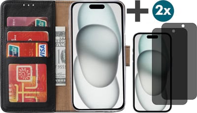 Hoesje met Privacy Screenprotectors 2 Stuks Geschikt voor iPhone 15 – Arara bookcase met pasjeshouder - Zwart