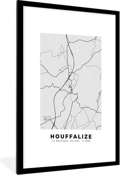 Fotolijst incl. Poster Zwart Wit- Zwart Wit – België – Plattegrond – Stadskaart – Kaart – Houffalize - 60x90 cm - Posterlijst