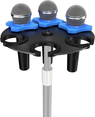 Multi-microfoonhouder met 6 slots voor microfoonstandaard, stevige basis en anti-roll ringen, geschikt voor diverse schroefdiktes