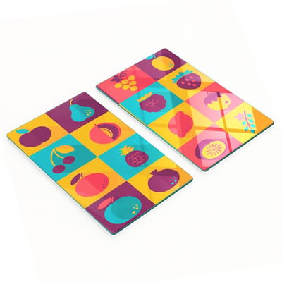 Glazen serveerplanken voor in de keuken met grafische fruitpictogrammen 2x30x52 cm
