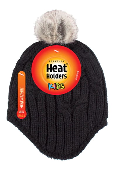 Heat Holders - Kabelgebreide Muts Voor Meisjes Met Pom Pom - Zwart