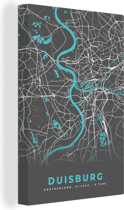 Canvas Schilderij Duitsland – Blauw – Duisburg – Stadskaart – Kaart – Plattegrond - 20x30 cm - Wanddecoratie