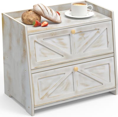 Famanu - Bamboe broodtrommel 2 planken broodtrommel voor keuken grote broodtrommel geschikt voor levensmiddelen broodopslag bamboe 40 x 25 x 35 cm ouderwets wit | Luxe opberger, modern design voor keuken en dagelijks gebruik