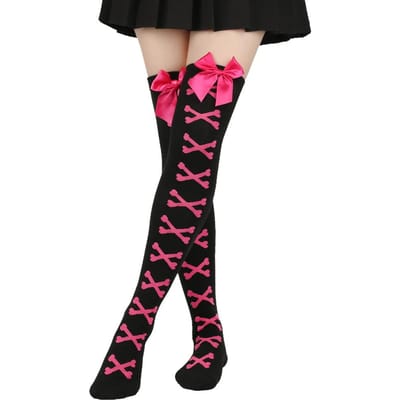 Bas autofixants pour femmes motif nœud + os croisés Chaussettes hautes pour filles Halloween Dames One Size black
