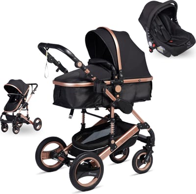 Bronea - EXQUISE Luxe multi-functionele kinderwagen 3 in 1 | Meerdere kleurcombinaties | Incl. MATRAS, Buggy, Autostoel, Luiertas, Regenhoes, Voetenwarmer, Muggen net & Zonneklep - Grijs/Zwart