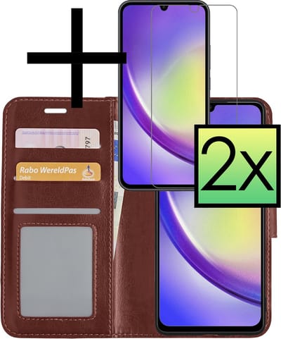 Hoesje - Met 2x Screenprotector - Geschikt voor Samsung Galaxy A34 - Luxe Pasjeshouder - Bookcase Portemonee - Flip Case - Kunstleer Book Case - Flipcase Hoes - Book Cover - Walletcase - Portemonneehoes - Bruin